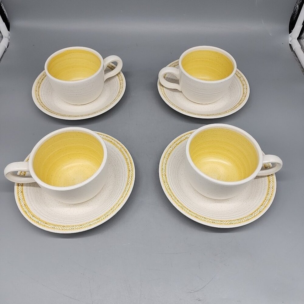 Franciscan Earthenware Hacienda Gold MCM Set of 4 Vtg Coffee Cups & Saucers Boho